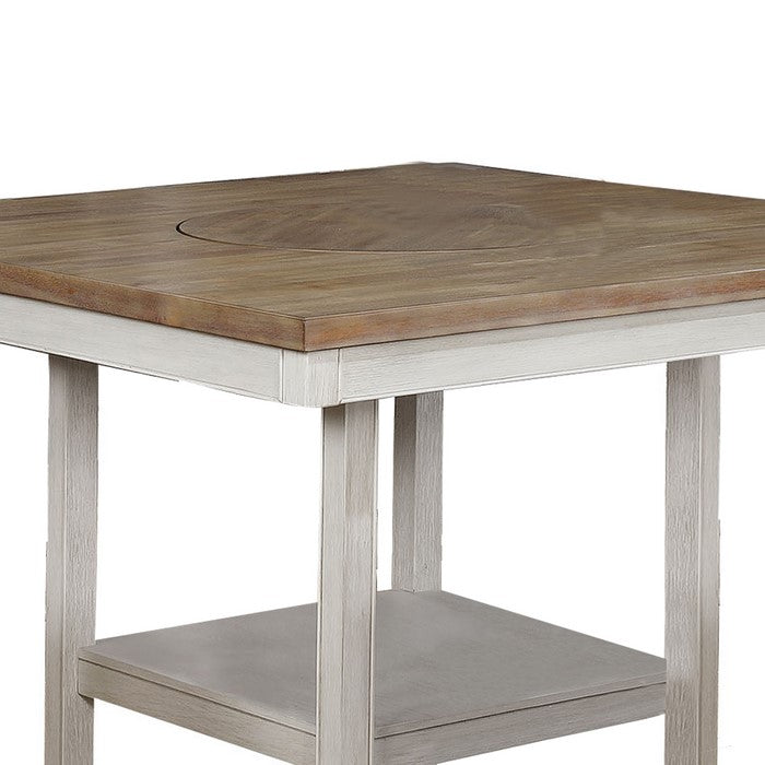 Counter Height Table with Open Bottom Shelf and Lazy Susan, Brown and White