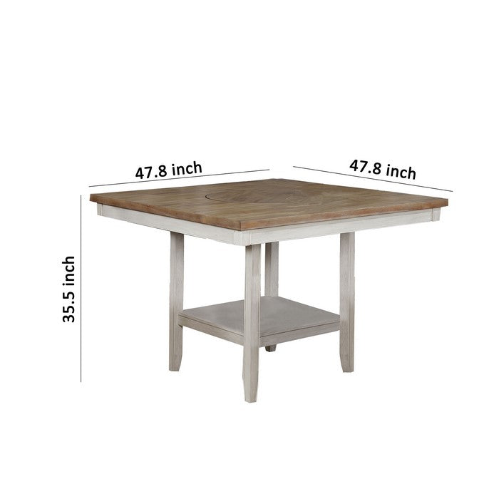 Counter Height Table with Open Bottom Shelf and Lazy Susan, Brown and White