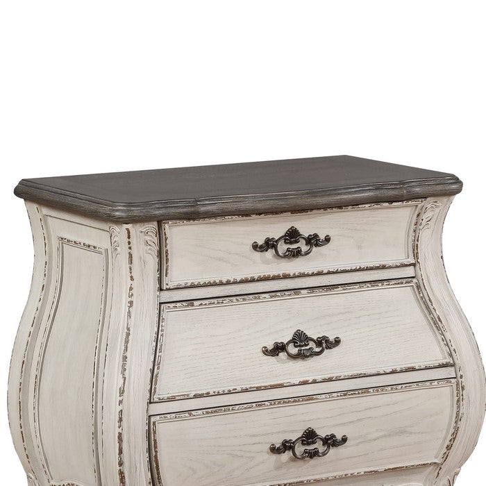3 Drawer Nightstand with Carving and Cabriole Feet, White and Brown