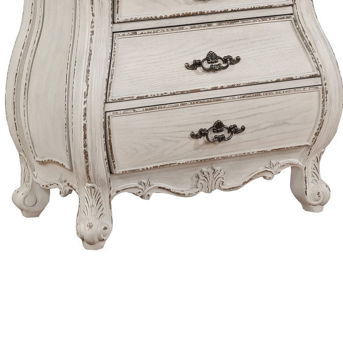 3 Drawer Nightstand with Carving and Cabriole Feet, White and Brown