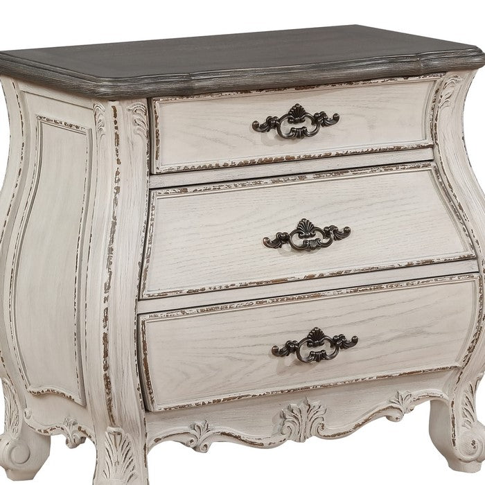 3 Drawer Nightstand with Carving and Cabriole Feet, White and Brown