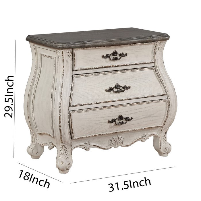 3 Drawer Nightstand with Carving and Cabriole Feet, White and Brown