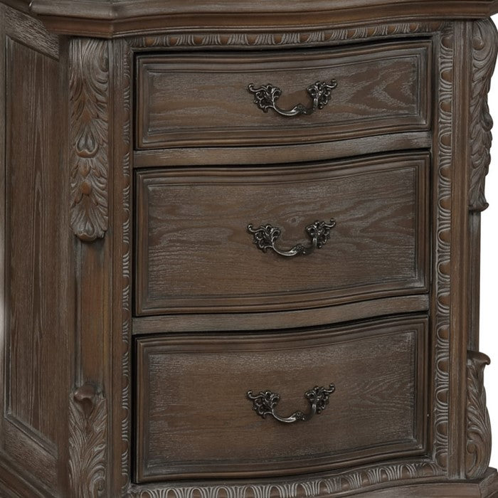 3 Drawer Nightstand with Carving and Bracket Feet Support, Brown - BM215262