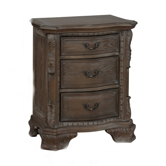 3 Drawer Nightstand with Carving and Bracket Feet Support, Brown - BM215262