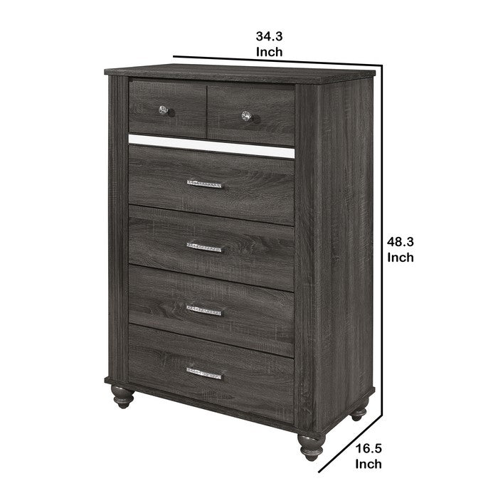 6 Drawer Wooden Chest with Metal Handles and Mirror Trim, Gray