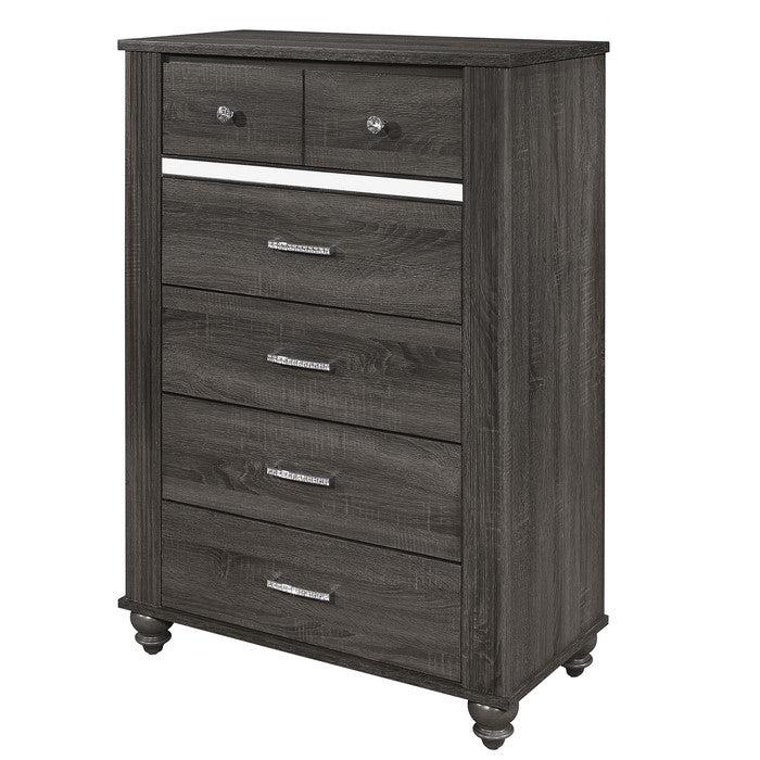 6 Drawer Wooden Chest with Metal Handles and Mirror Trim, Gray