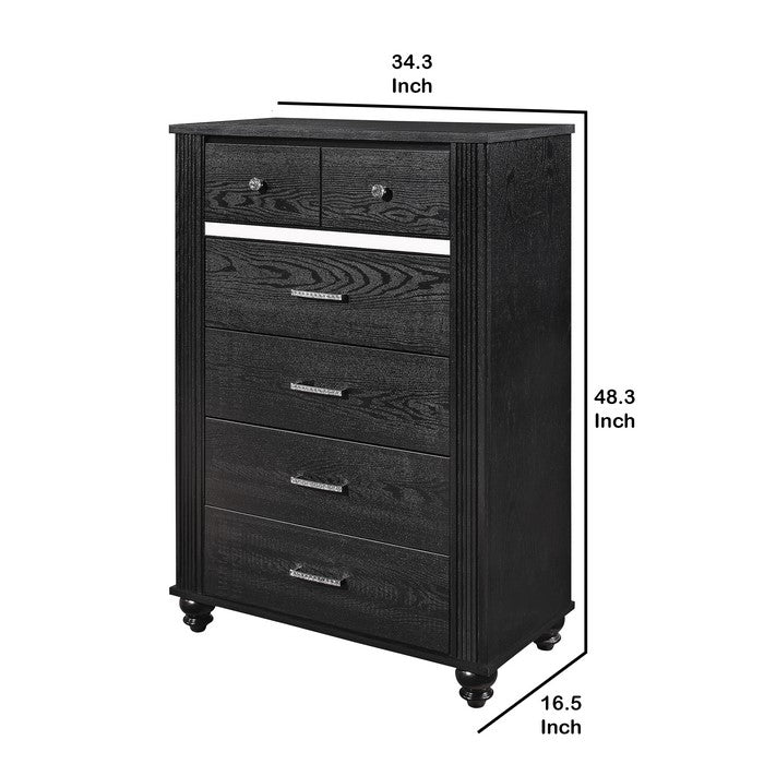 6 Drawer Wooden Chest with Metal Handles and Mirror Trim, Black