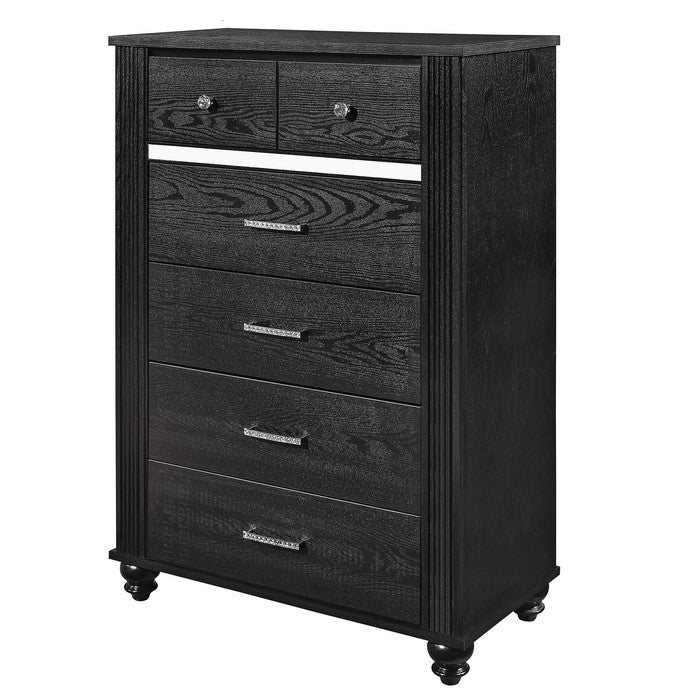 6 Drawer Wooden Chest with Metal Handles and Mirror Trim, Black