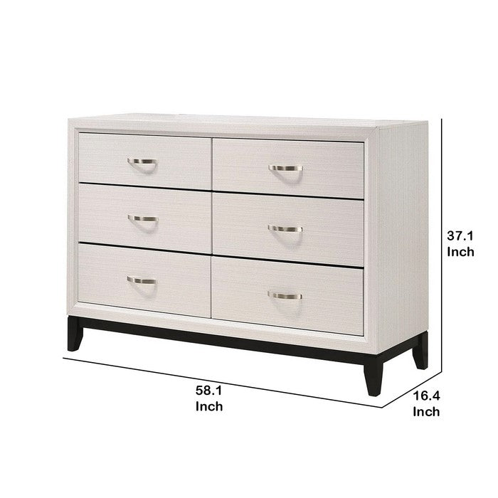 Transitional Style Dresser with 6 Drawers and Metal Pulls, White and Black