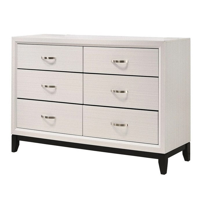 Transitional Style Dresser with 6 Drawers and Metal Pulls, White and Black