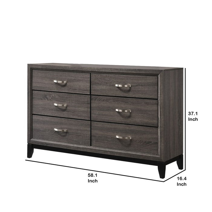 Transitional Style Dresser with 6 Drawers and Metal Pulls, Gray and Black