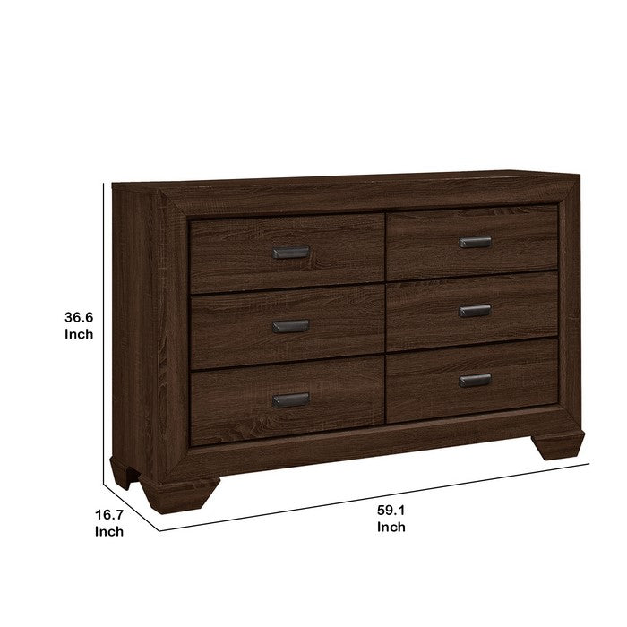 6 Drawer Transitional Dresser with Metal Pulls and Grain Details, Brown
