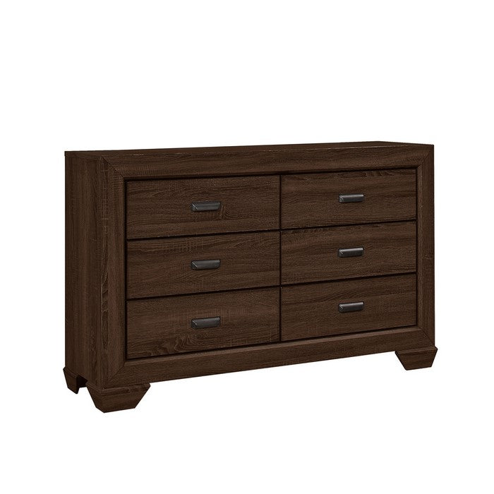 6 Drawer Transitional Dresser with Metal Pulls and Grain Details, Brown