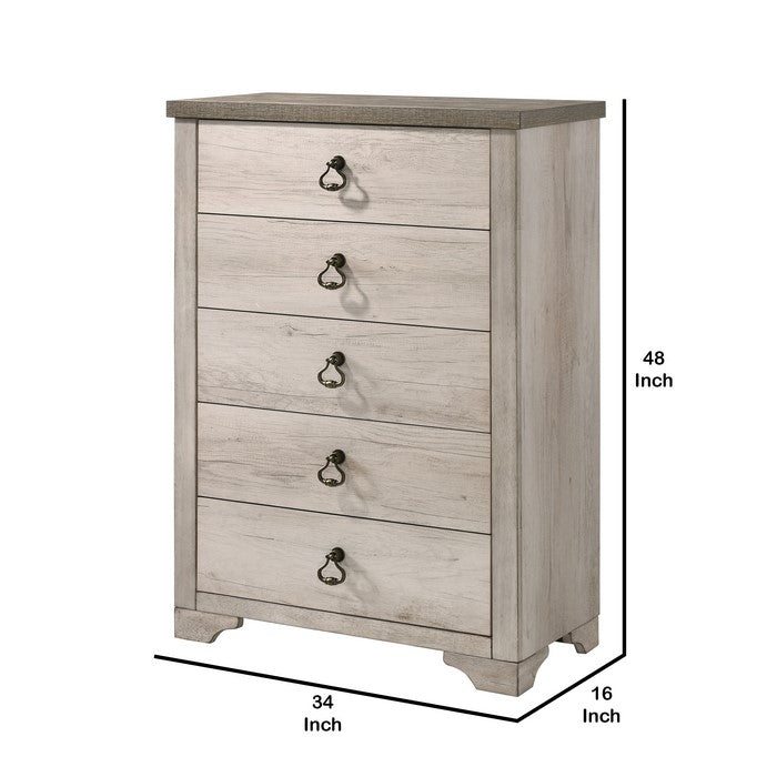 5 Drawer Wooden Chest with Metal Ring Pulls, Weathered Brown