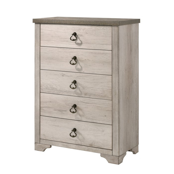 5 Drawer Wooden Chest with Metal Ring Pulls, Weathered Brown