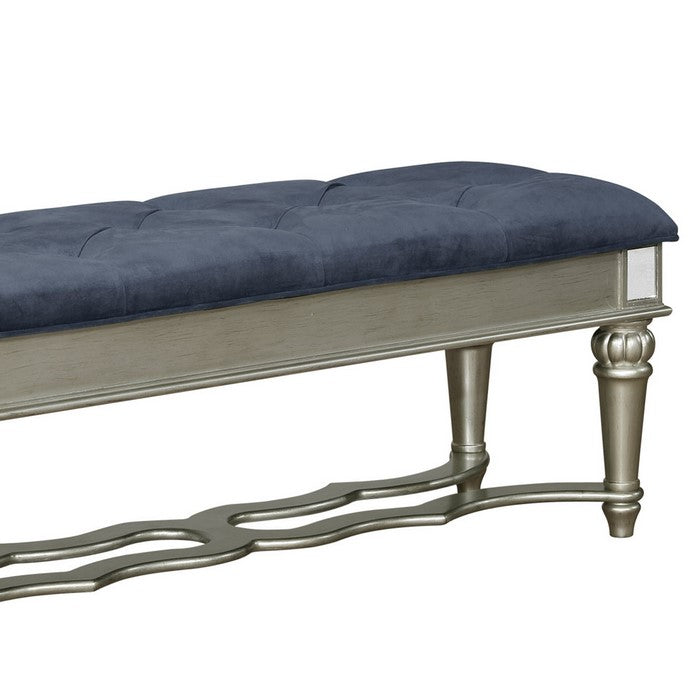 Fabric Upholstered Bench with Turned Legs and Mirror Accent,Blue and Silver - BM215270