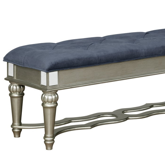 Fabric Upholstered Bench with Turned Legs and Mirror Accent,Blue and Silver - BM215270