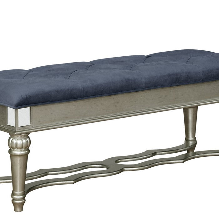 Fabric Upholstered Bench with Turned Legs and Mirror Accent,Blue and Silver - BM215270