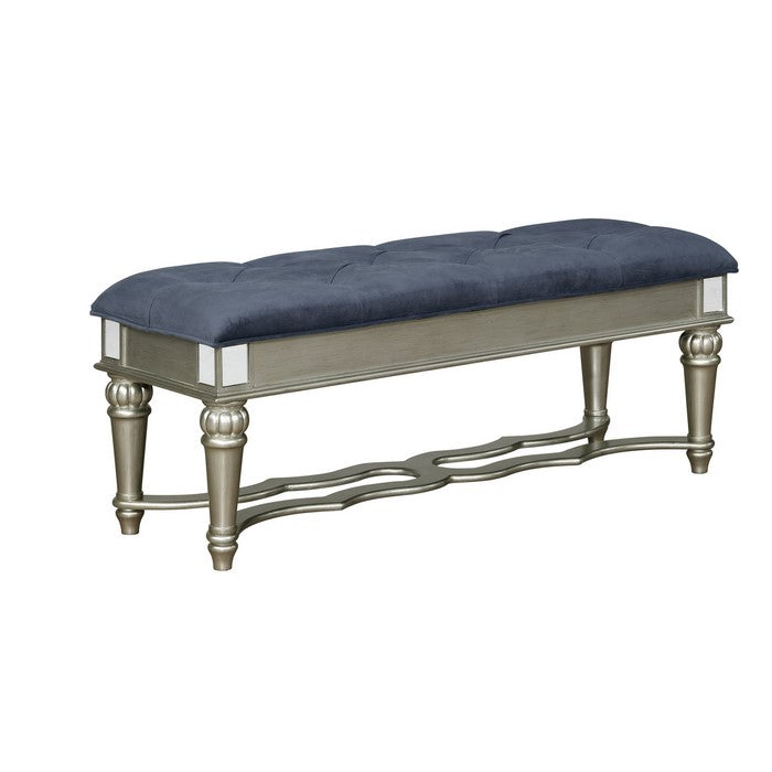 Fabric Upholstered Bench with Turned Legs and Mirror Accent,Blue and Silver - BM215270