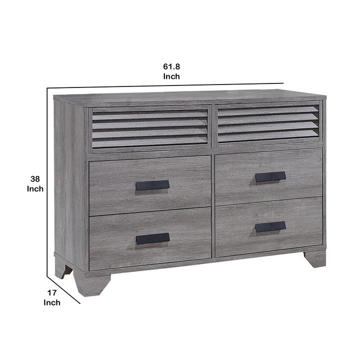 6 Drawer Contemporary Dresser with Metal Pulls and Bracket Feet, Gray