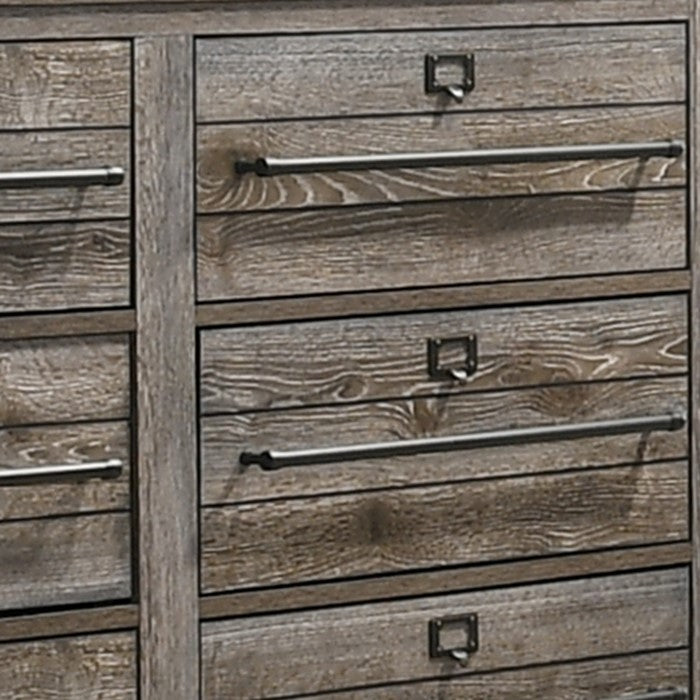 6 Drawer Dresser with Metal Pulls and Grain Details, Brown