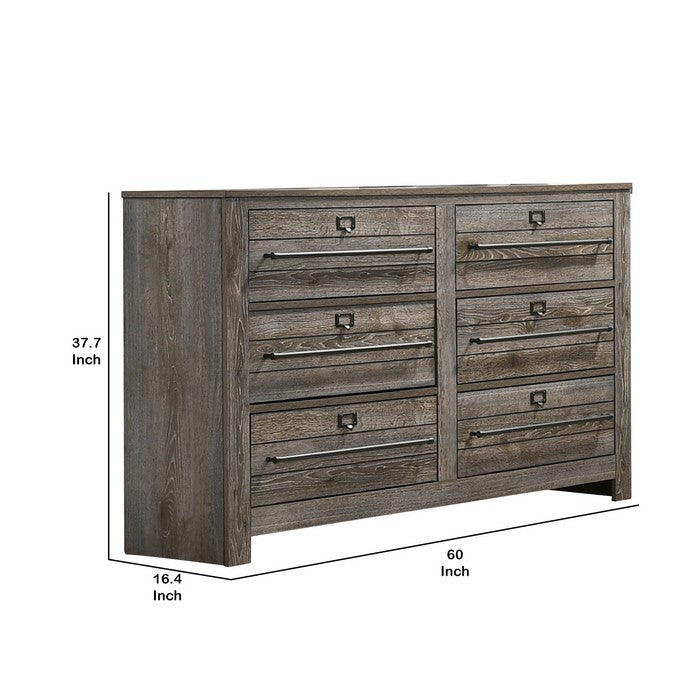 6 Drawer Dresser with Metal Pulls and Grain Details, Brown