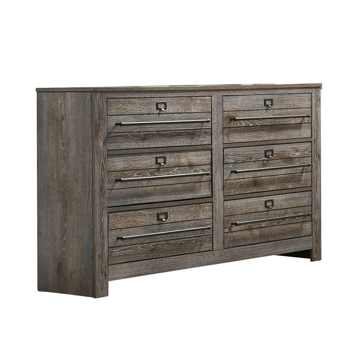 6 Drawer Dresser with Metal Pulls and Grain Details, Brown