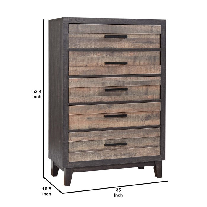 2 Tone Plank Front Wooden Chest with 5 Drawers, Brown