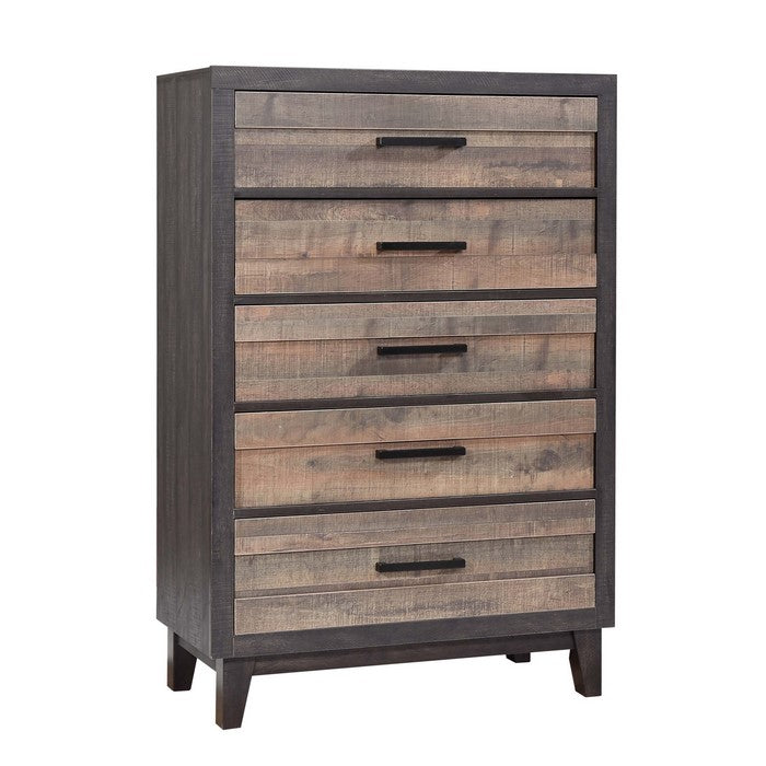 2 Tone Plank Front Wooden Chest with 5 Drawers, Brown