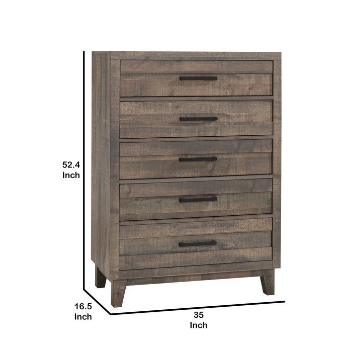 Transitional Style Plank Front Wooden Chest with 5 Drawers, Brown