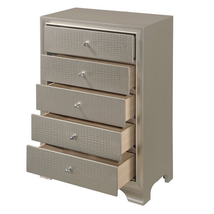 5 Drawer Chest with Decorative Knobs and Bracket Feet, Champagne