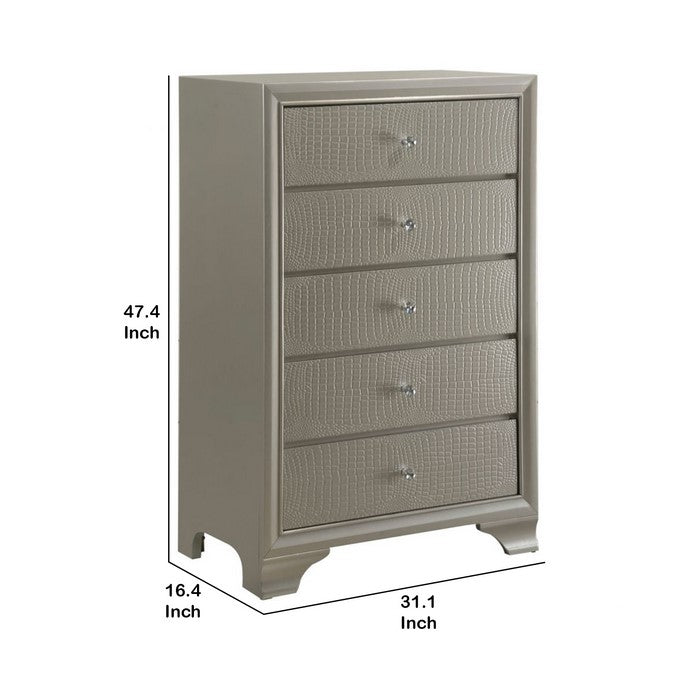 5 Drawer Chest with Decorative Knobs and Bracket Feet, Champagne