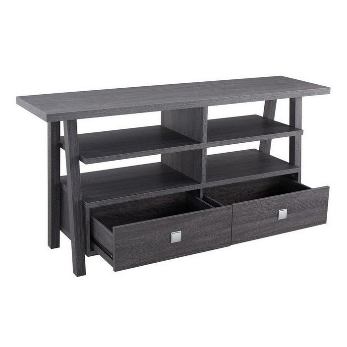 Transitional Wooden TV Stand with 4 Open Shelves and 2 Drawers, Gray