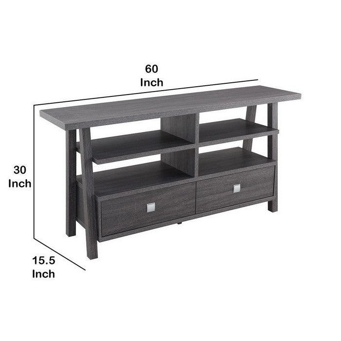 Transitional Wooden TV Stand with 4 Open Shelves and 2 Drawers, Gray