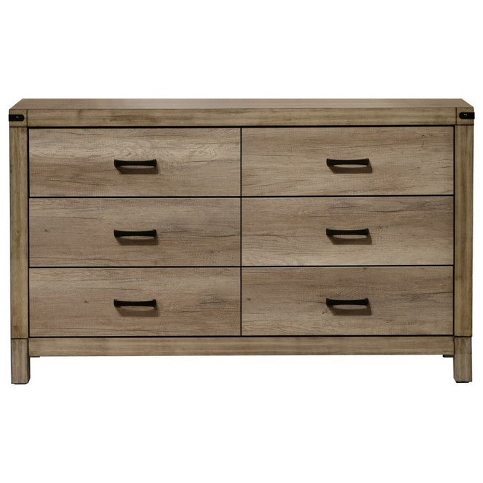 6 Drawer Dresser with Metal Pulls and Block Legs, Light Brown