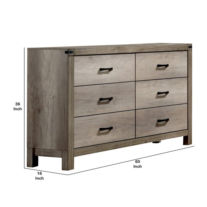 6 Drawer Dresser with Metal Pulls and Block Legs, Light Brown