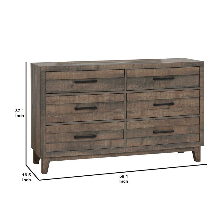 Transitional Style Plank Front Wooden Dresser with 6 Drawers, Brown