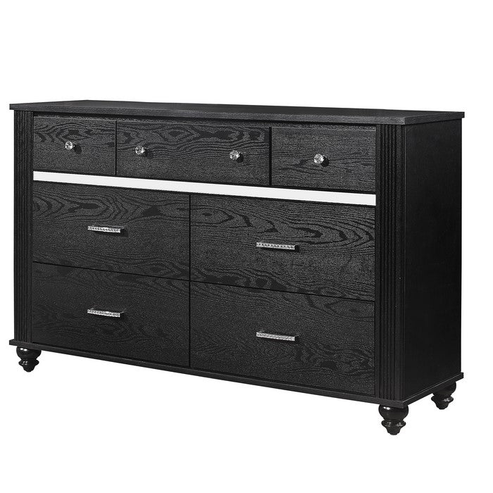 7 Drawer Wooden Dresser with Metal Handles and Mirror Trim, Black
