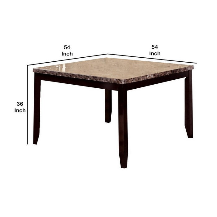 Counter Height Table with Faux Stone Tabletop and Tapered Legs, Brown