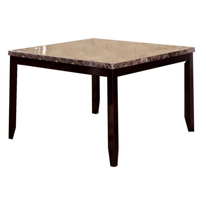 Counter Height Table with Faux Stone Tabletop and Tapered Legs, Brown