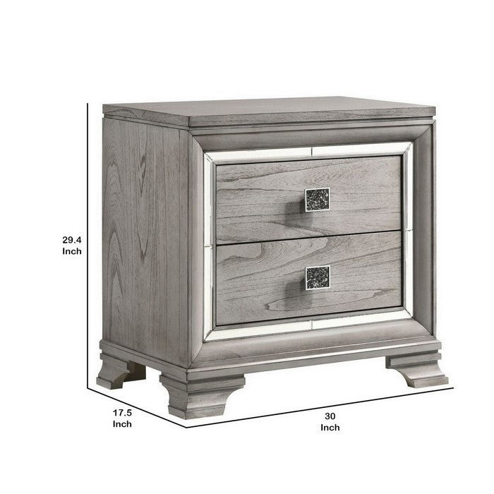 2 Drawer Nightstand with Mirror Accent and Bracket Feet, Light Gray
