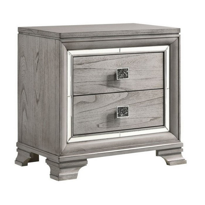 2 Drawer Nightstand with Mirror Accent and Bracket Feet, Light Gray