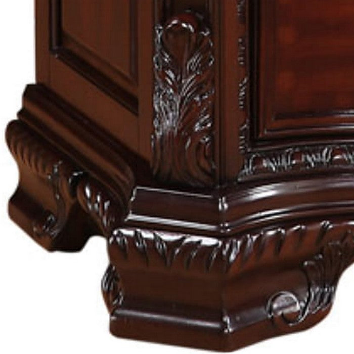 3 Drawer Nightstand with Wooden Carving and Bracket Feet Support, Brown
