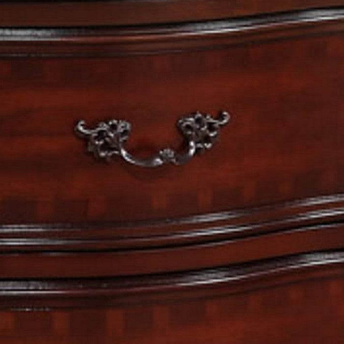 3 Drawer Nightstand with Wooden Carving and Bracket Feet Support, Brown