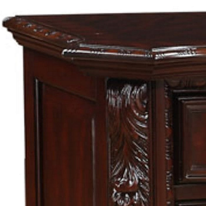 3 Drawer Nightstand with Wooden Carving and Bracket Feet Support, Brown