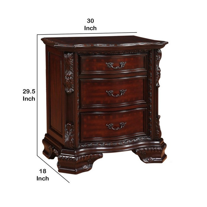 3 Drawer Nightstand with Wooden Carving and Bracket Feet Support, Brown