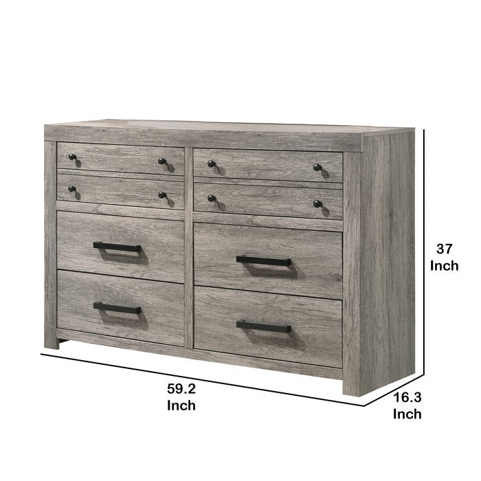 Transitional Style Wooden Dresser with Bar Handles and Grain Details, Gray