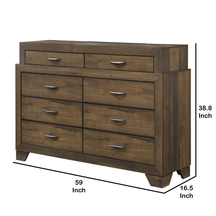 Transitional 8 Drawer Dresser with Metal Handles and Grain Details, Brown