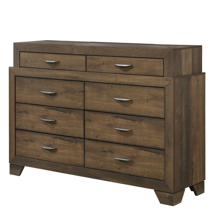 Transitional 8 Drawer Dresser with Metal Handles and Grain Details, Brown