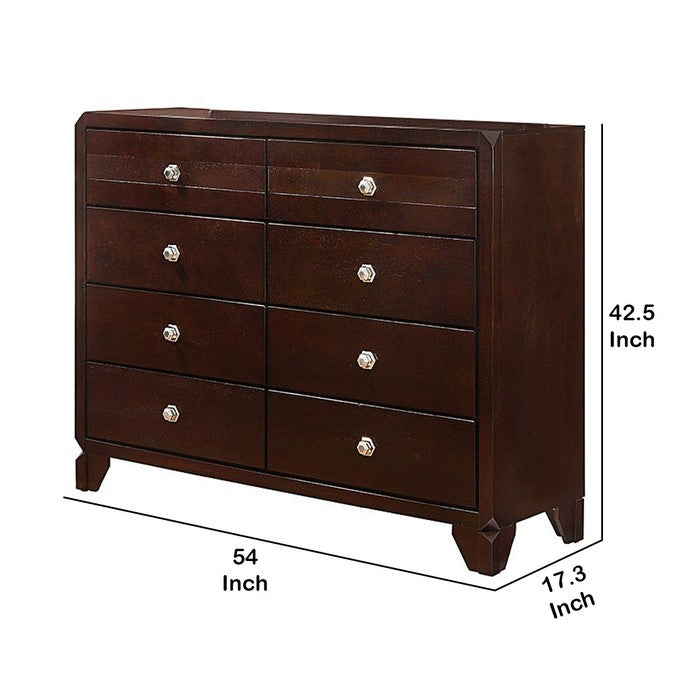 8 Drawer Transitional Dresser with Round Knobs and Clipped Feet, Brown